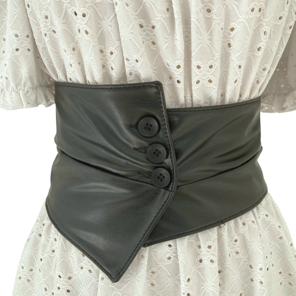Western Black faux leather Corset Wide waist Belt button underbust statement - Picture 4 of 11